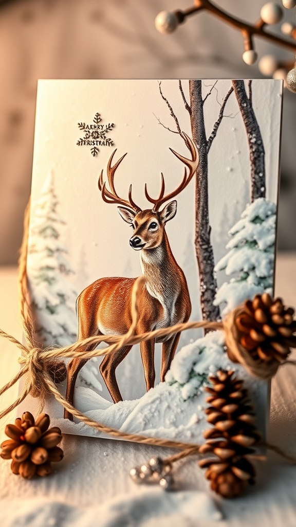 A festive Christmas card with a deer in a snowy forest, decorated with glitter and natural elements.